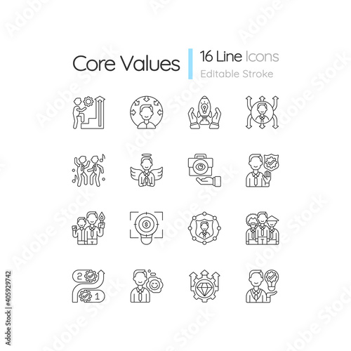 Core values linear icons set. Persistence and determination in work. Corporate mission. Company ethics. Customizable thin line contour symbols. Isolated vector outline illustrations. Editable stroke