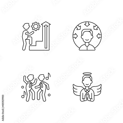 Business vision linear icons set. Customer centricity. Office fun with coworker. Business humility. Customizable thin line contour symbols. Isolated vector outline illustrations. Editable stroke