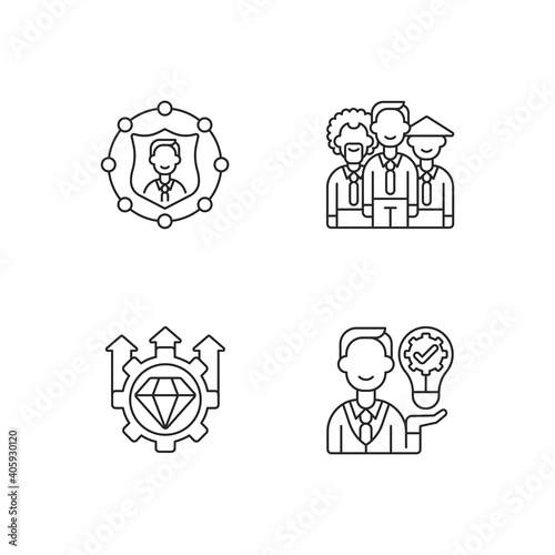 Corporate values linear icons set. Workplace diversity. Excellence, high standards. Ownership focus. Customizable thin line contour symbols. Isolated vector outline illustrations. Editable stroke