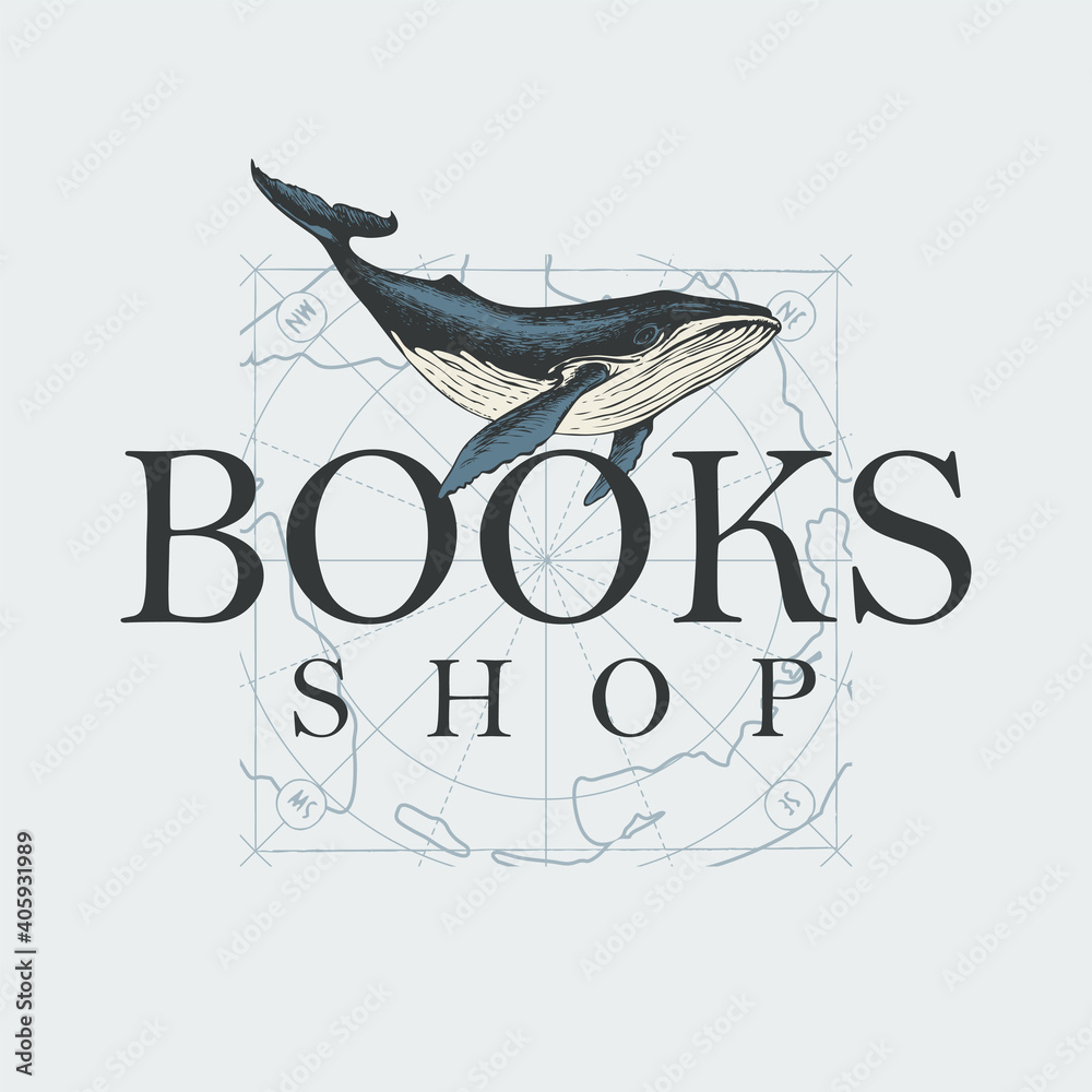 Fototapeta Vector banner for books shop with inscription, a hand-drawn whale and a map in vintage style. Suitable for advertising flyer, label, icon, bookmark, business card, design element