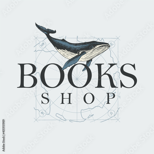 Vector banner for books shop with inscription, a hand-drawn whale and a map in vintage style. Suitable for advertising flyer, label, icon, bookmark, business card, design element