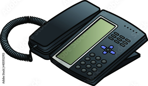 A voice-over-IP desktop phone with a tall portrait LCD screen.