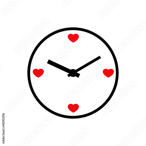 Tiempo de amor. Logotipo reloj con corazones pequeños con lineas en color rojo y negro