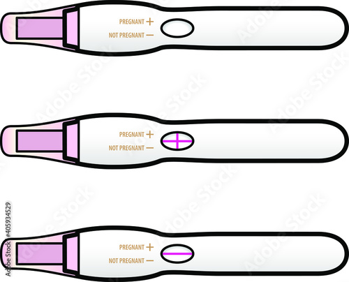A pregnancy test wand with + and - indicators. Unused, positive and negative.