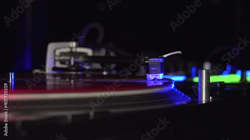 Vinyl disc spinning in turntable dj hip hop and electronic music