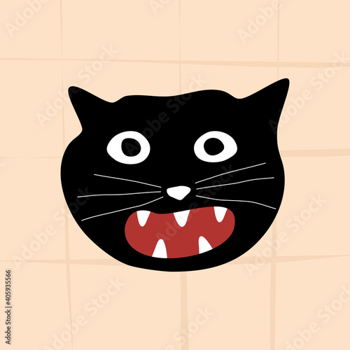Black crazy cat. Head of crazy black cat with open mouth. Wild black panther tattoo. Doodle illustration vector.
