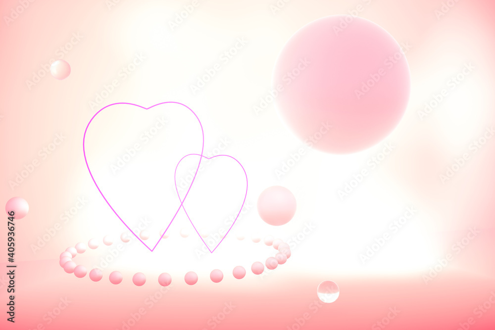 Two symbolic hearts are dancing in the fog. Fashionable coral color. 3D illustration