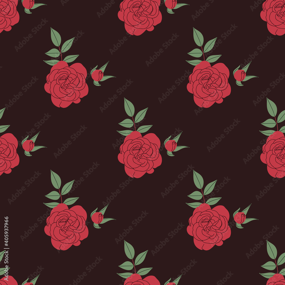Seamless elegant floral pattern with red roses. Ditsy print. Perfect for scrapbooking, textile, wrapping paper etc. Vector illustration.