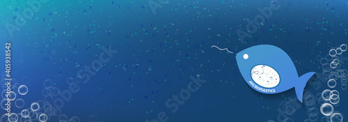 Microplastic nurdles vector illustration causing water pollution. Plastic single-use bags, bottles, cups, straws, and other polyester and polypropylene pieces. Fish eating particles of micro plastic.