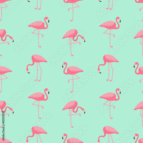 Seamless trendy tropical pattern with pink flamingo birds. Vector illustration