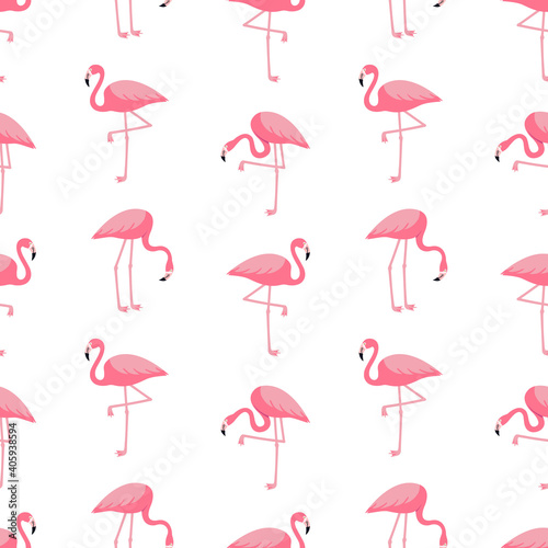 Seamless trendy tropical pattern with pink flamingo birds. Vector illustration