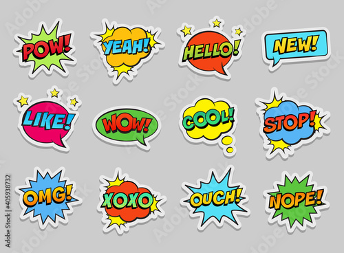 Stickers set, retro colorful comic speech bubbles set on white background. Expression text POW, YEAH, WOW, HELLO, YEAH, OMG, LIKE, COOL, OUCH, NOPE, STOP, XOXO etc. Vector illustration, pop art style.