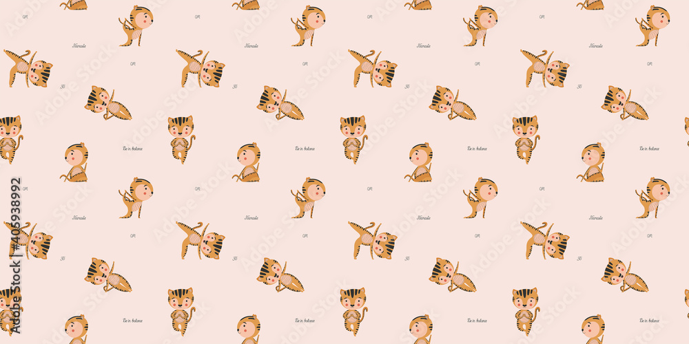 Childish seamless pattern of cartoon characters tiger cubs in yoga asanas and calligraphic quotes 