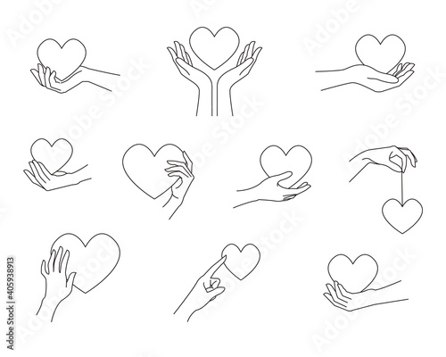 Set of logo sign design template with woman's hand holding heart. Line art minimalism style. Vector illustration