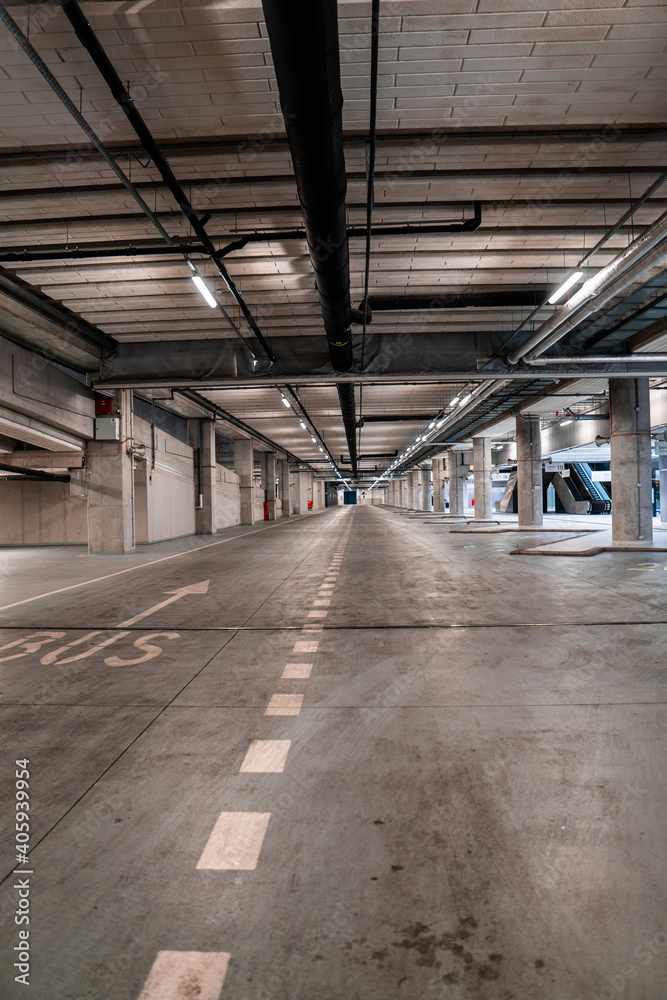 Interior of an underground bus parking with no vehicles.