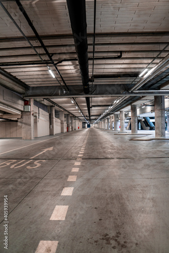 Interior of an underground bus parking with no vehicles.