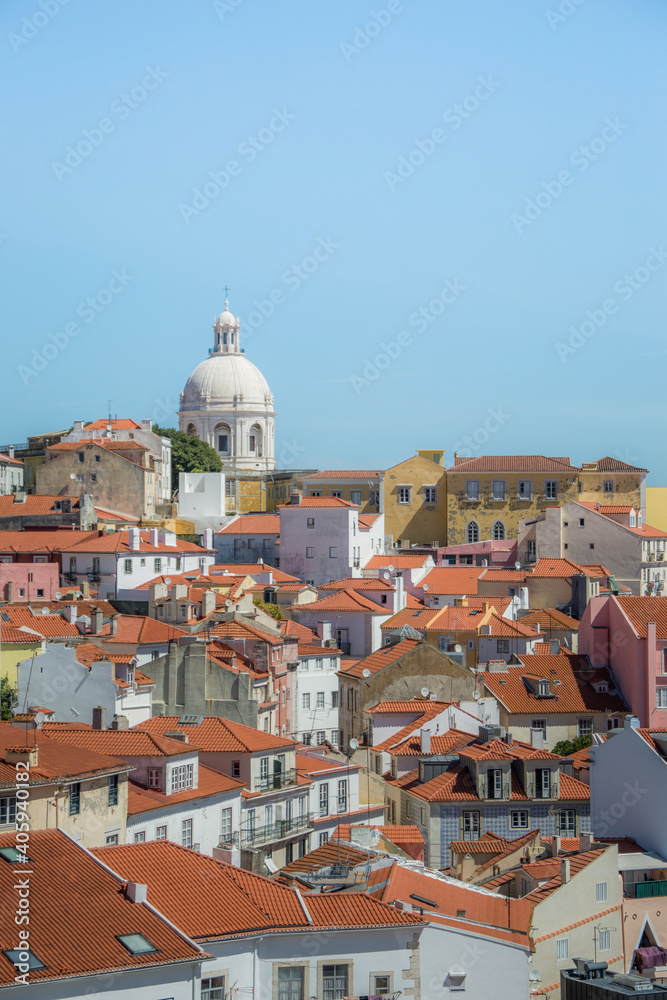 Lisbon skyline from Alfama district with blue sky. Portugal city view