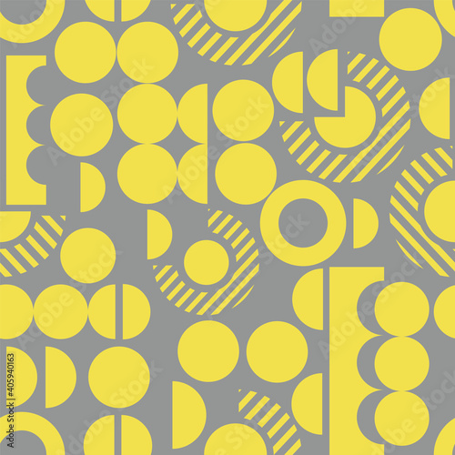 Vector fat geometry patten, colors 2021 Ultimate grey and illuminating yellow, circles, half circles. dots, stripes.