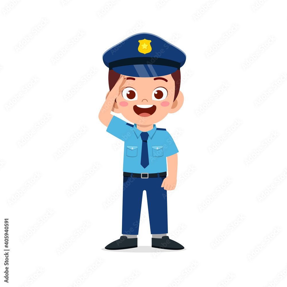 happy cute little kid boy wearing police uniform