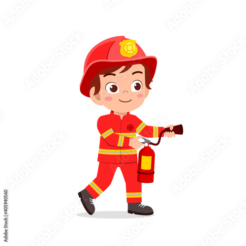 happy cute little kid wearing firefighter uniform and holding fire extinguisher