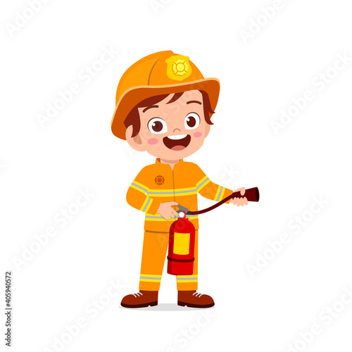 happy cute little kid wearing firefighter uniform and holding fire extinguisher