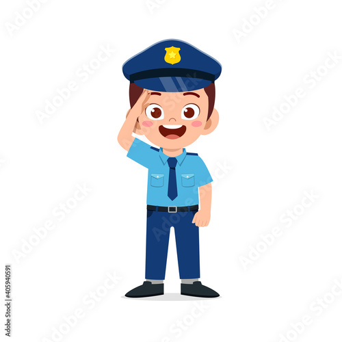 happy cute little kid boy wearing police uniform