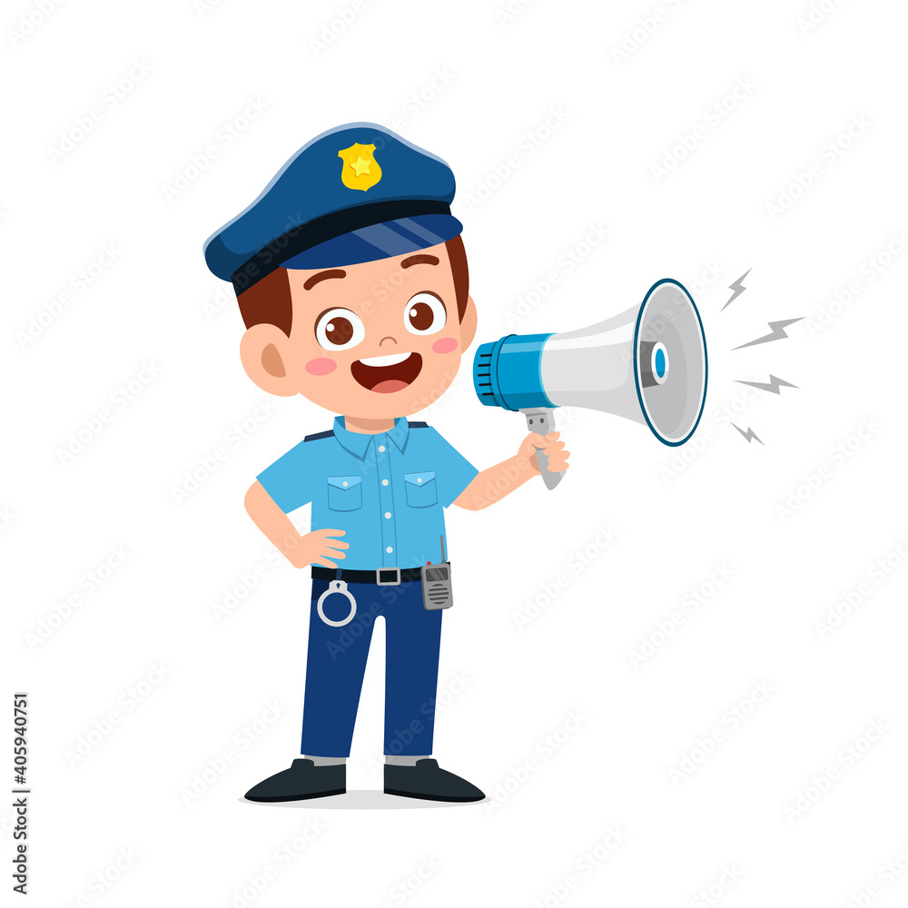 happy cute little kid boy wearing police uniform and holding megaphone happy cute little kid boy wearing police uniform and holding megaphone
