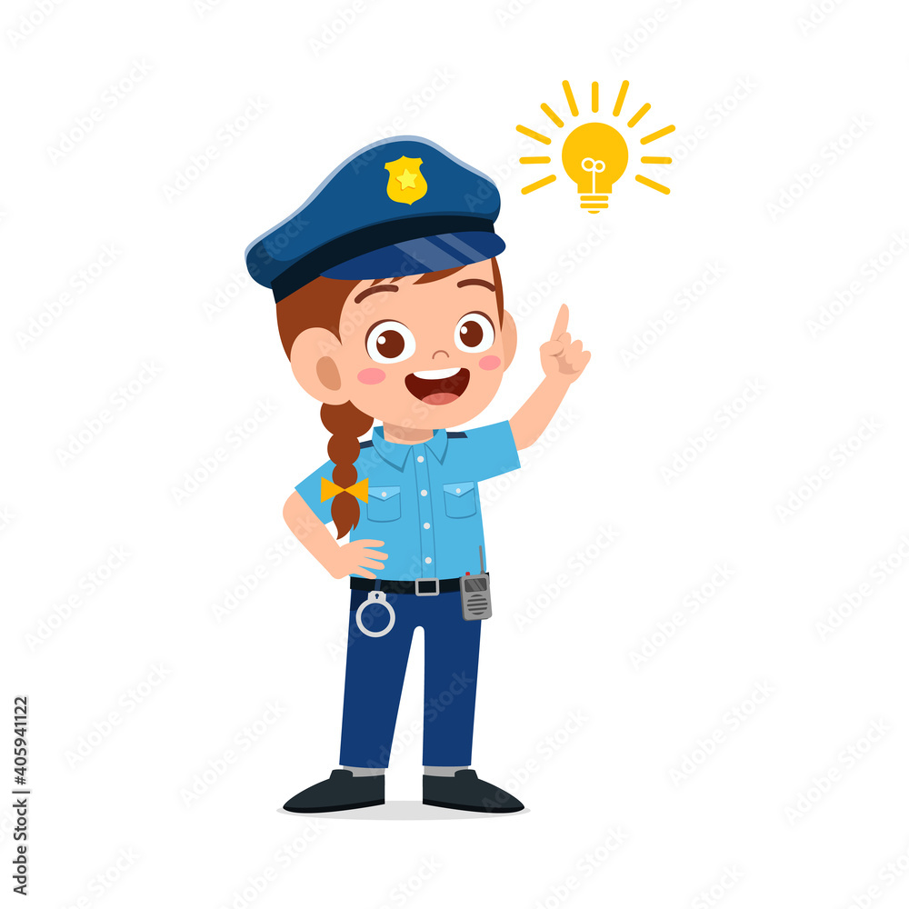 happy cute little kid girl wearing police uniform and thinking with light bulb sign happy cute little kid girl wearing police uniform and thinking with light bulb sign