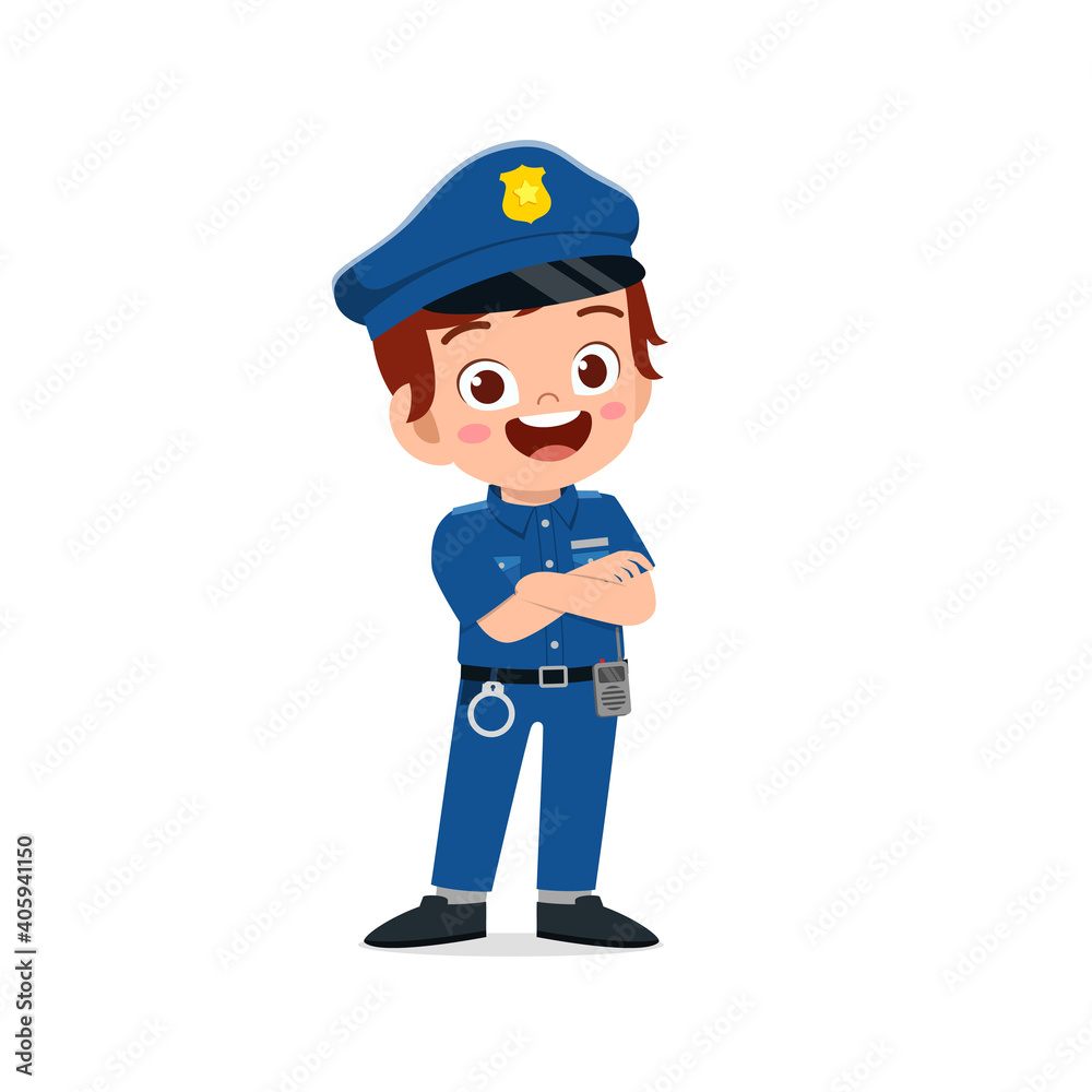 happy cute little kid boy wearing police uniform