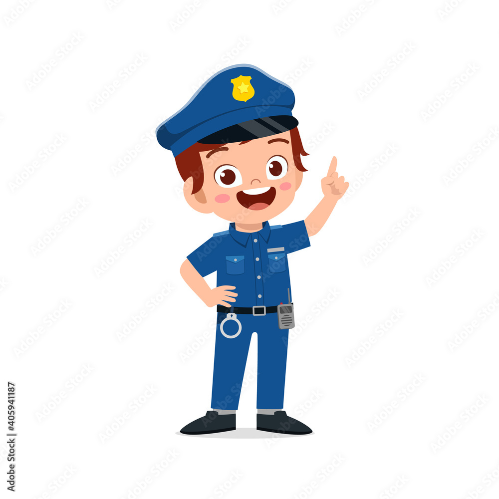 happy cute little kid boy wearing police uniform