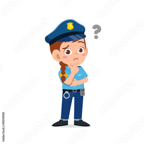 happy cute little kid girl wearing police uniform and thinking with question mark