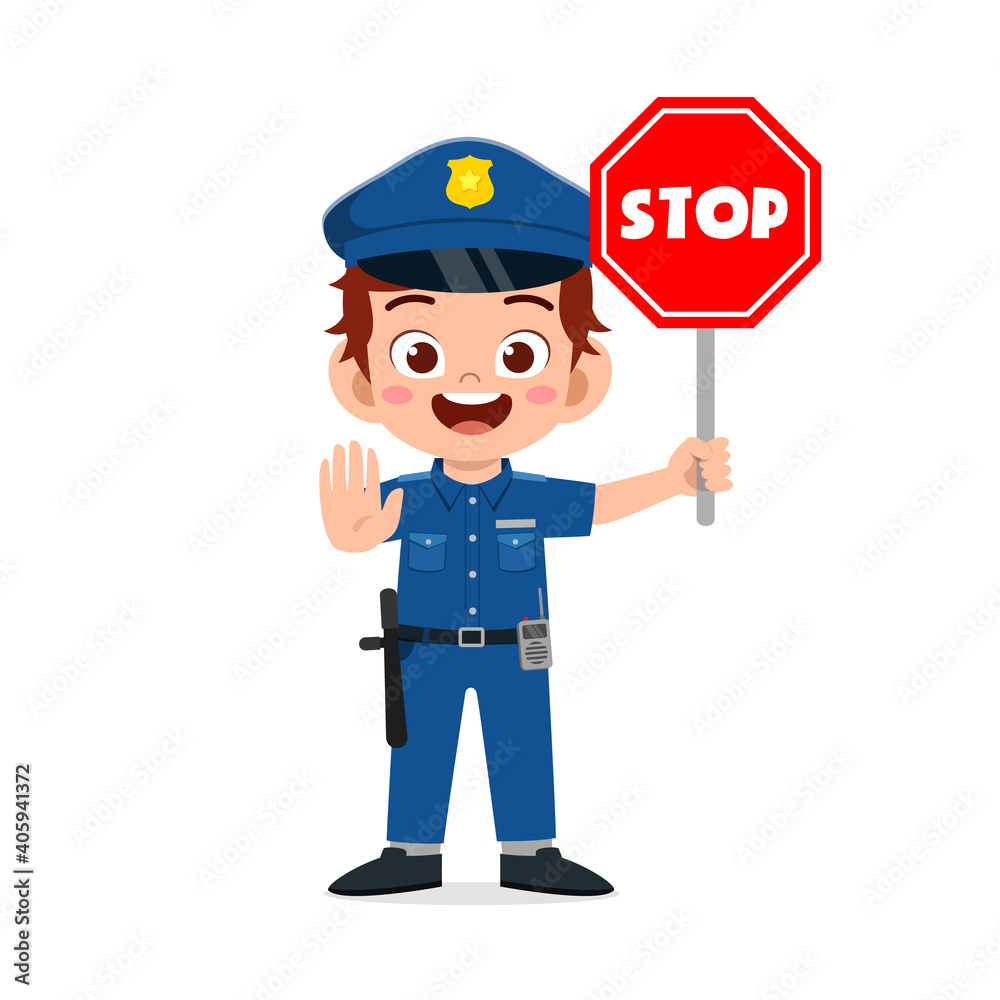 happy cute little kid boy wearing police uniform and holding stop sign