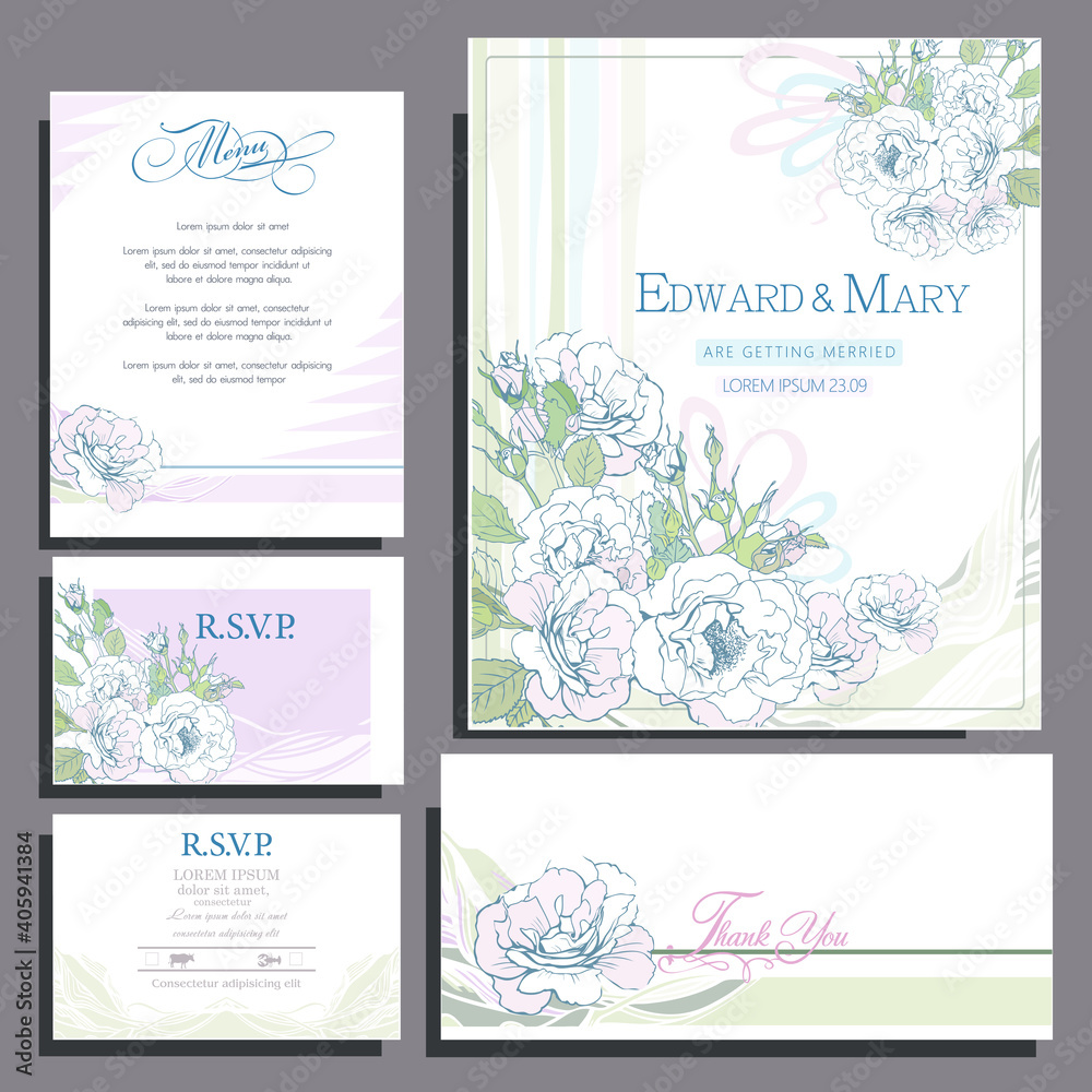 Wedding invitation card in pastel colors with roses flowers, Basic CMYK