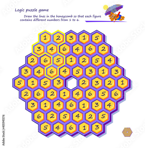 Logic puzzle game for children and adults. Draw the lines in the honeycomb so that each figure contains different numbers from 1 to 6. Printable page for brain teaser book. IQ test. Play online.