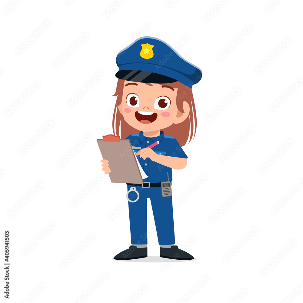 happy cute little kid girl wearing police uniform