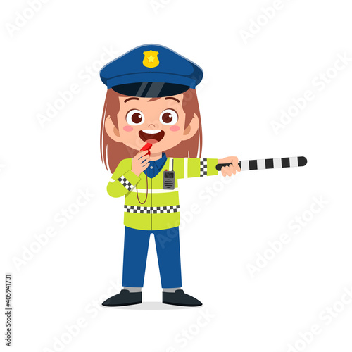 happy cute little kid girl wearing police uniform and manage traffic