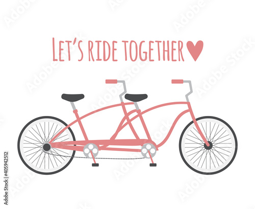 Vector flat cartoon double bicycle and lettering isolated on white background. Valentine’s Day illustration