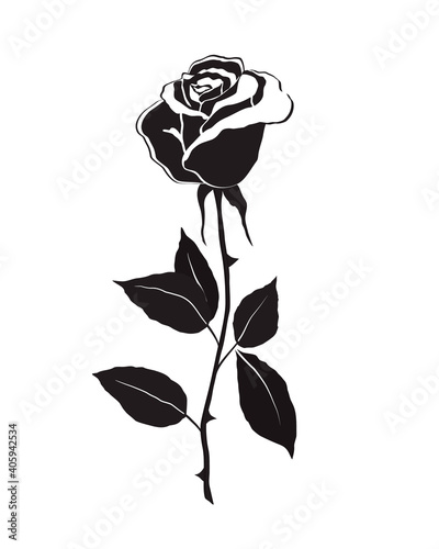 Rose flower with leaves over white background. Black silhouette of a rose. Vector illustration