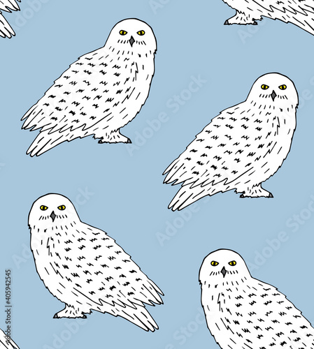 Vector seamless pattern of hand drawn doodle sketch white polar snowy owl isolated on blue background