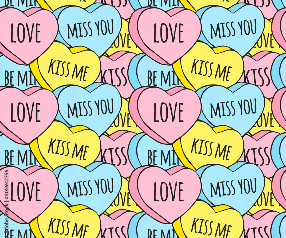 Vector seamless pattern of different hand drawn doodle sketch cartoon Valentine’s sweet candy with love text isolated on white background