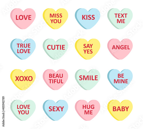 Vector set bundle of different color flat cartoon Valentine’s candy with love text isolated on white background
