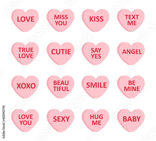 Vector set bundle of flat cartoon pink Valentine’s candy with love text isolated on white background