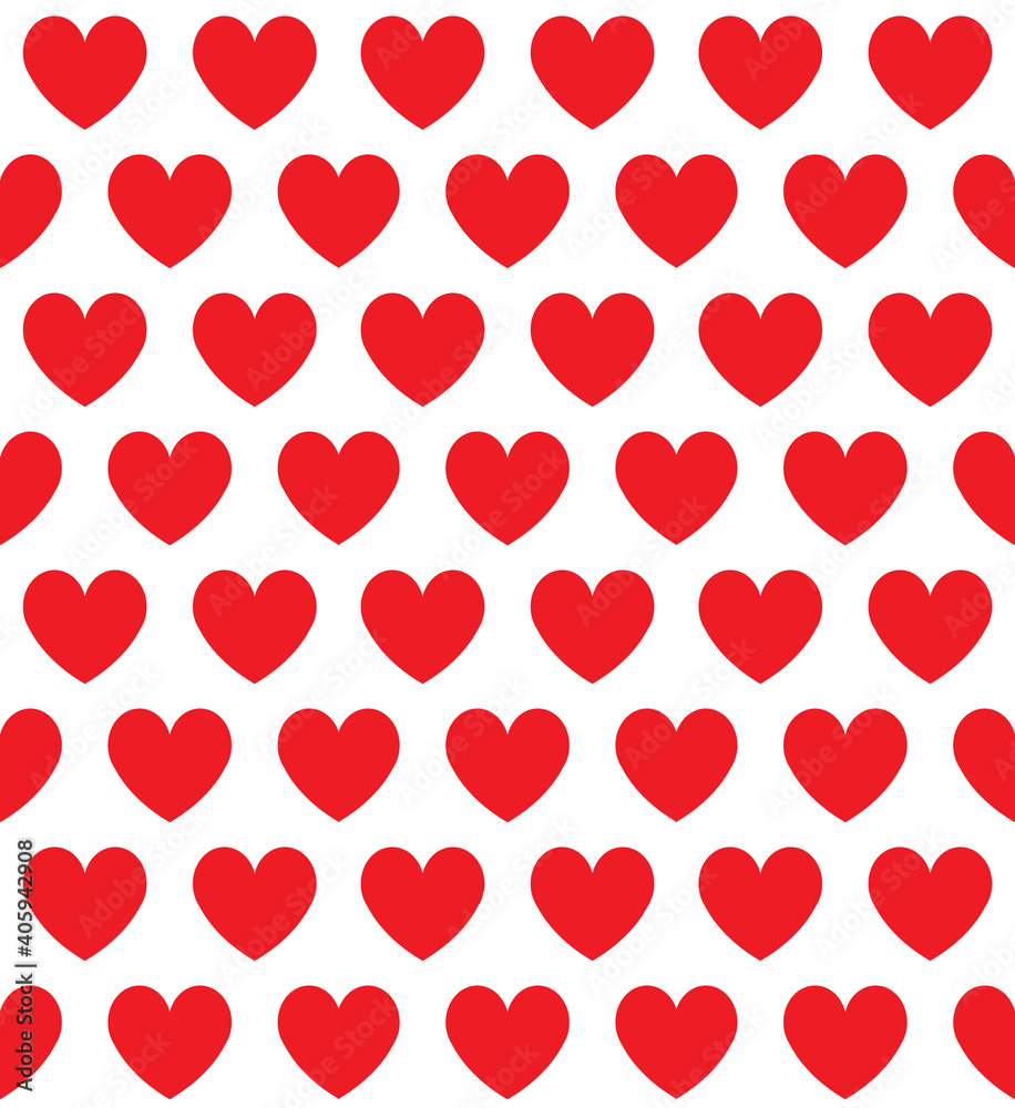 Vector seamless pattern of flat red hearts isolated on white background