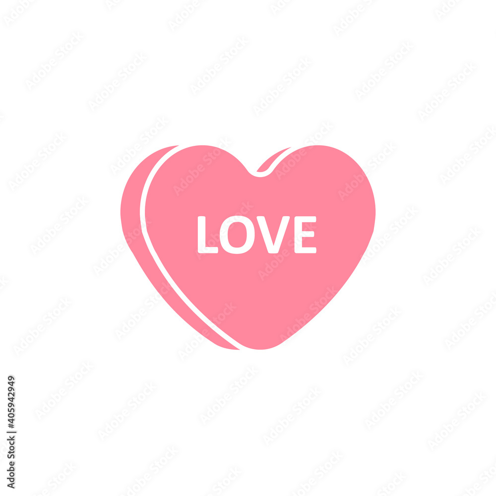 Vector flat cartoon pink Valentine’s candy with love text isolated on white background