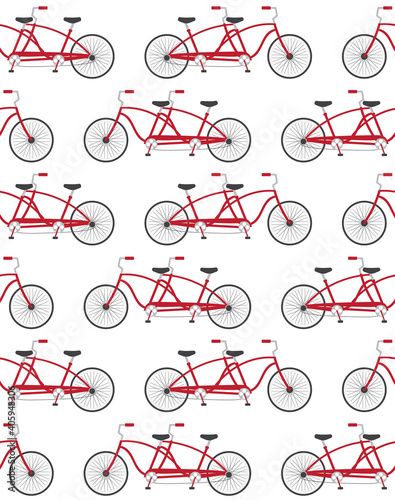 Vector seamless pattern of flat cartoon red double pair bicycle isolated on white background