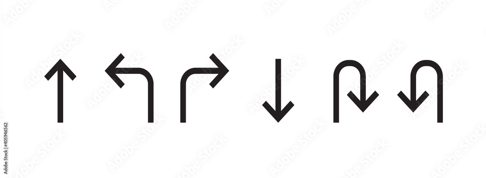 Arrows vector collection icons. Set of turn signs. Turn to left, right, reverse vector illustration Arrows vector collection icons. Set of turn signs. Turn to left, right, reverse vector illustration