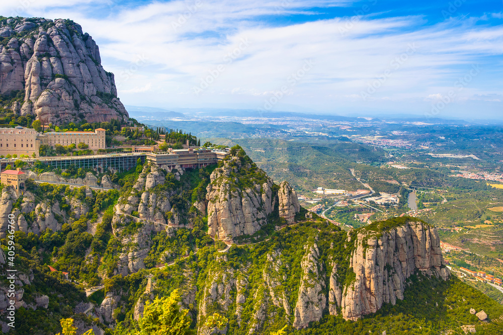 View onto Montserrat mountains and Benedictine monastery of Santa Maria de Montserrat
