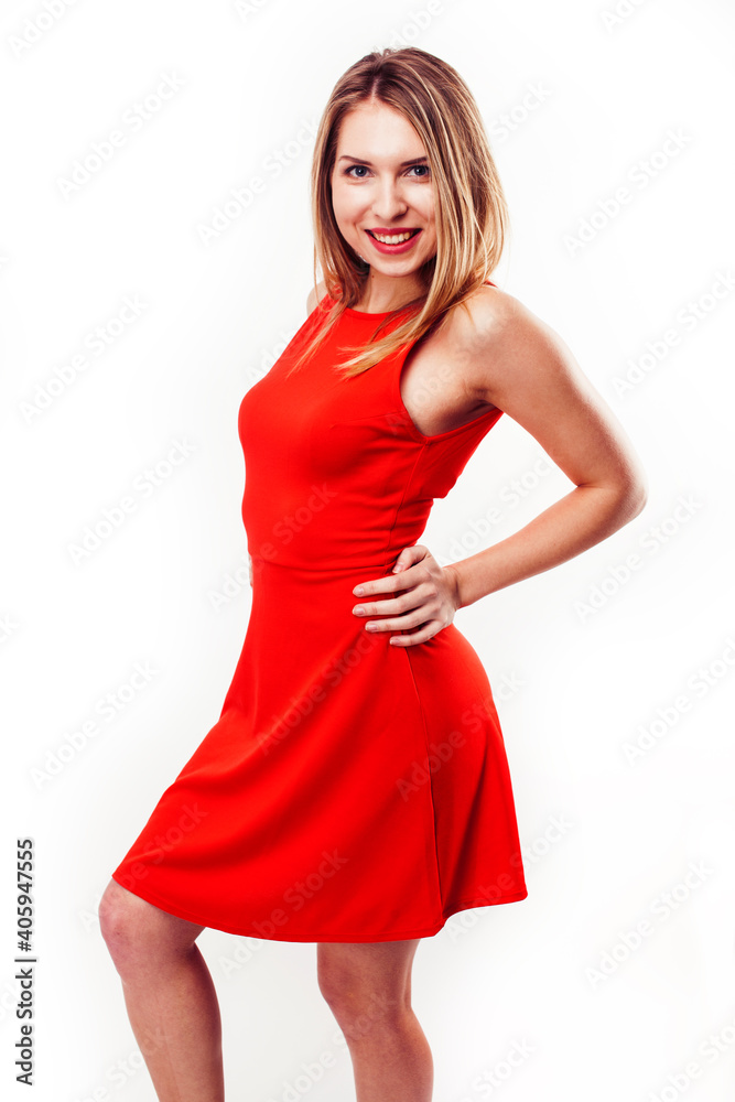 young pretty blond woman thinking smiling showing to copyspace isolated on white young pretty blond woman thinking smiling showing to copyspace isolated on white