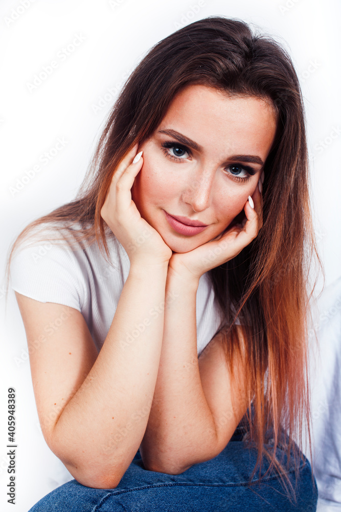 young blond woman on white backgroung gesture thumbs up, isolated emotional posing young blond woman on white backgroung gesture thumbs up, isolated emotional posing