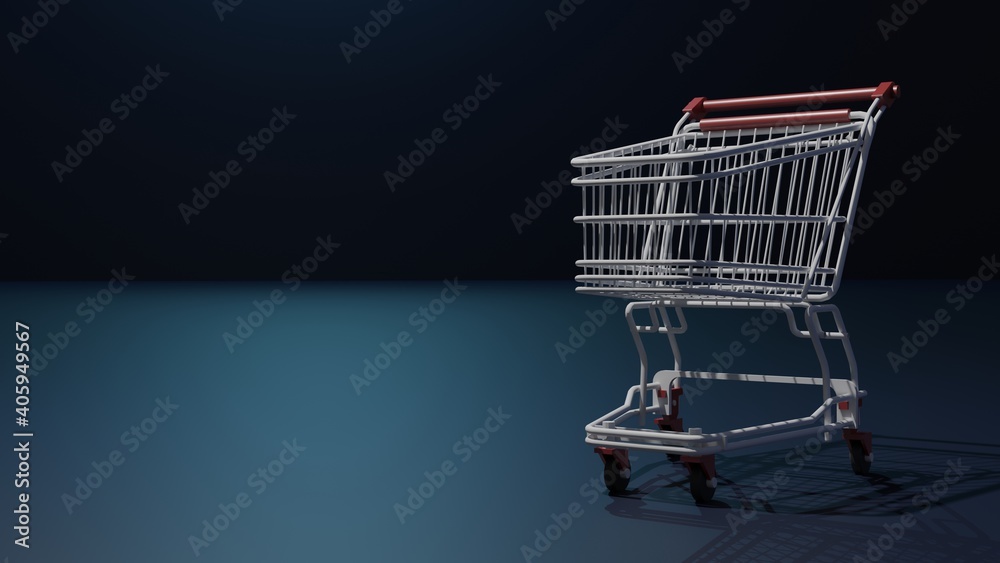 3D rendering of a sad shopping cart in a dark room because it's seldom to use it anymore due to the pandemic made in 3D software.